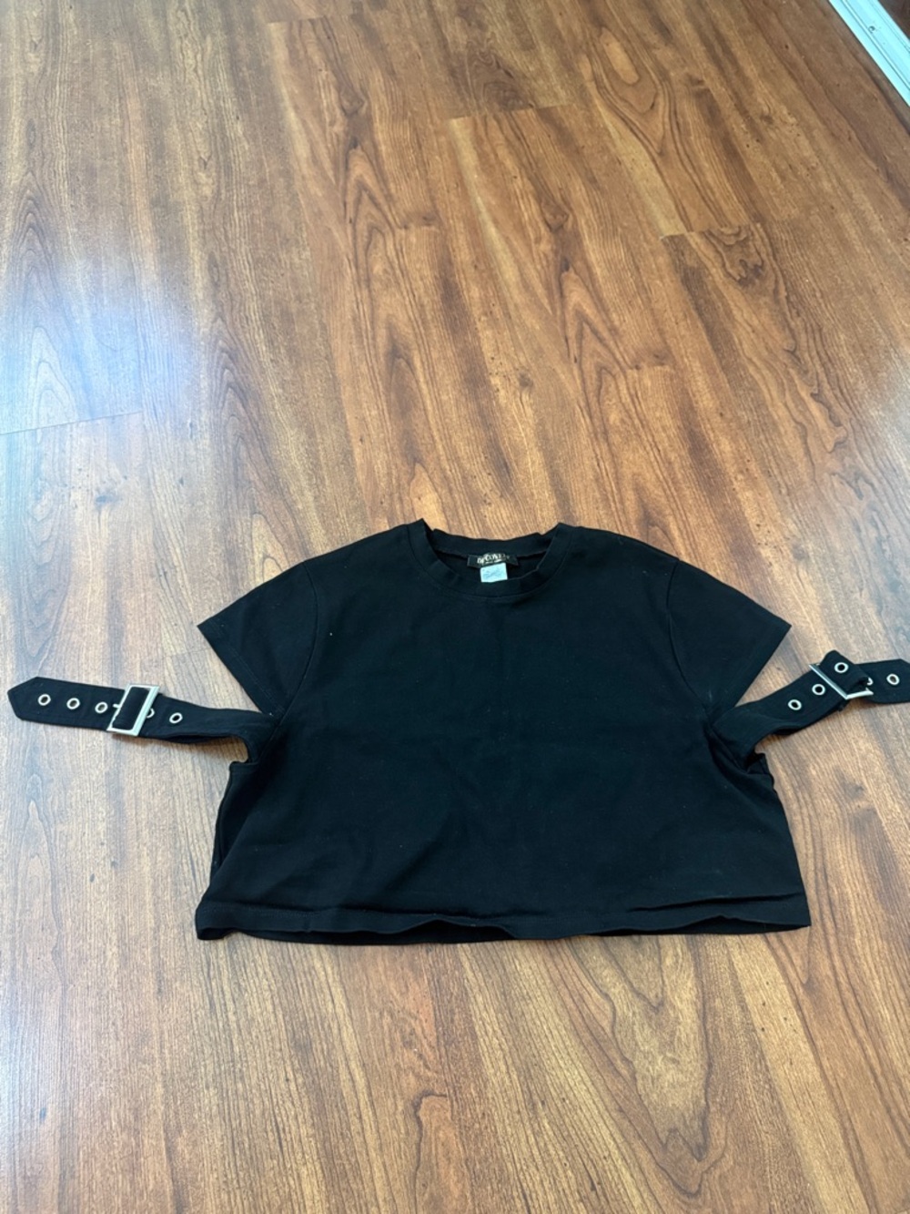 Black Crop Tee with Buckle Strap Details